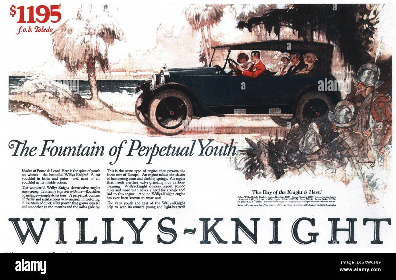 1924 Willys-Knight Car Ad-'Fountain of Youth' Beach Scene, Ponce de Leon Stockfoto