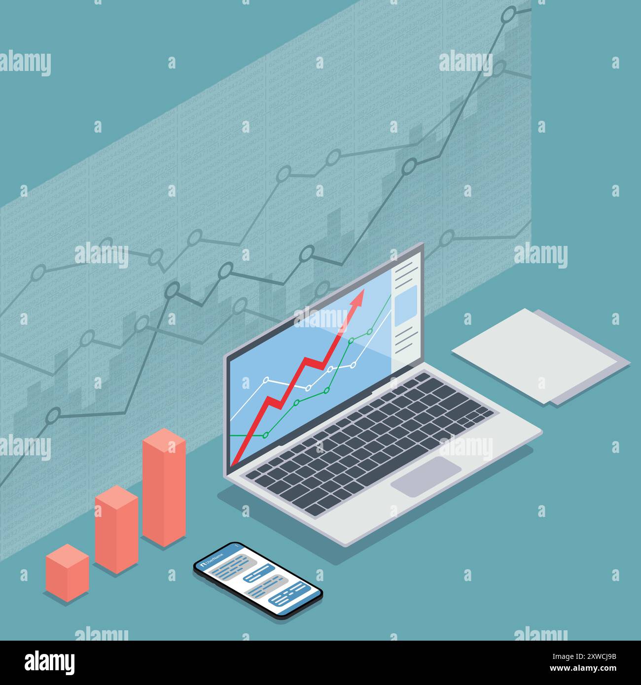 Konzept des Büroarbeitsplatzes. Isometrisches Notebook. Vektorabbildung. Eps 10. Stock Vektor