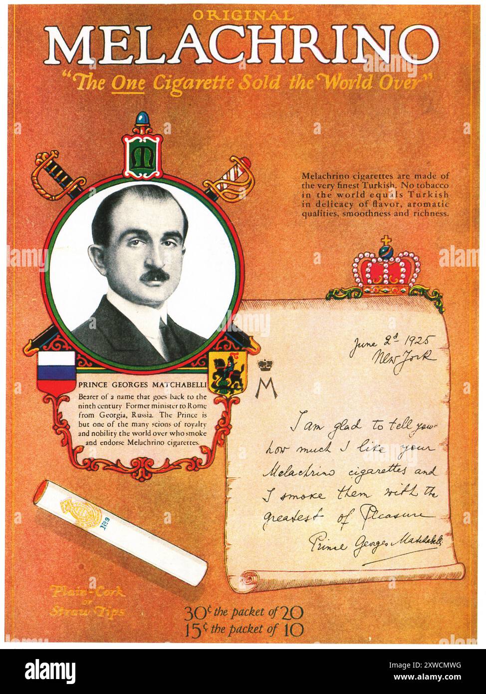 1926 Melachrino Zigaretten Werbung mit Prinz Georges Matchabelli aus Georgien Russland Stockfoto