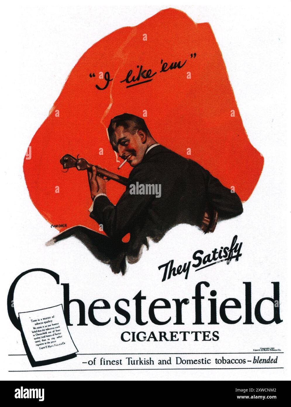 1922 Chesterfield Zigaretten Ad-Gardner Illustration Stockfoto