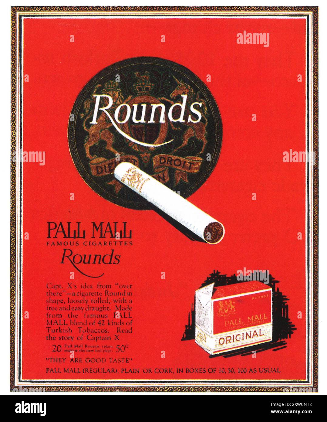 1921 Pall Mall Zigarettenwerbung - Runden Stockfoto