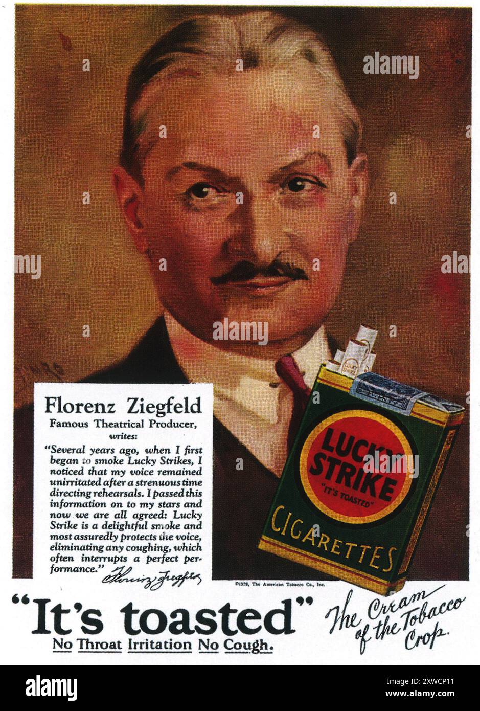 1929 Lucky Strike Zigarettenwerbung mit dem Theaterproduzenten Florenz Siegfield Stockfoto