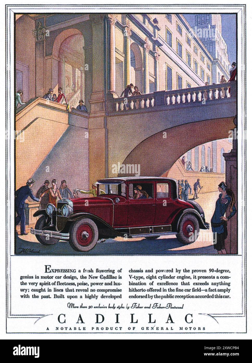 1928 Cadillac Serie 341 Werbespot für fünf Passagiere – illustriert von Thomas M. Cleland Stockfoto