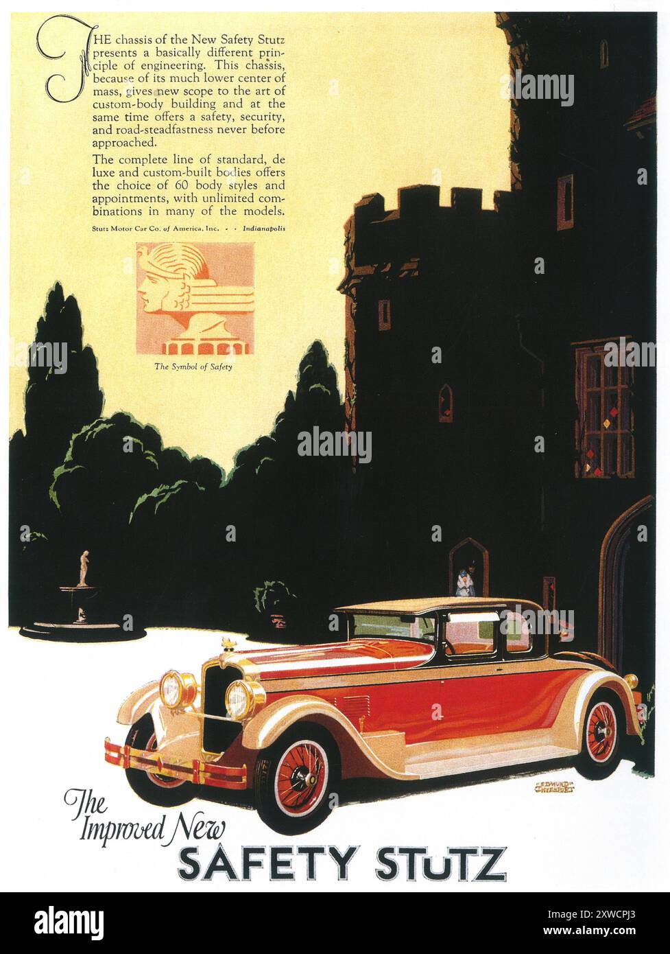 1927 Stutz Car Ad mit Kunst von Edmund Davenport – „The Improved New Safety Stutz“ Stockfoto