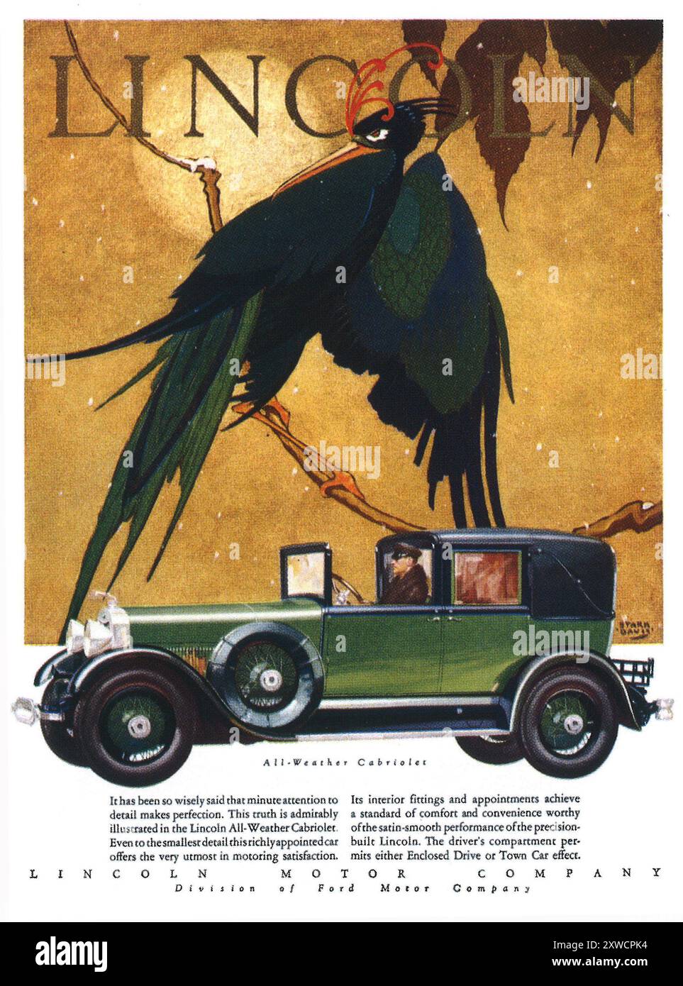 1928 Lincoln All Weather Cabriolet Ad- Artwork from Bird Series by stark Davis Stockfoto