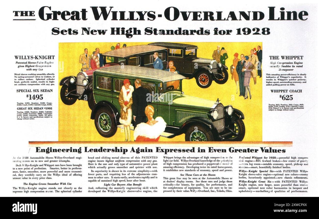 1928 Willys-Overland Willys-Knight Six Whippet Motor Cars Werbung Stockfoto