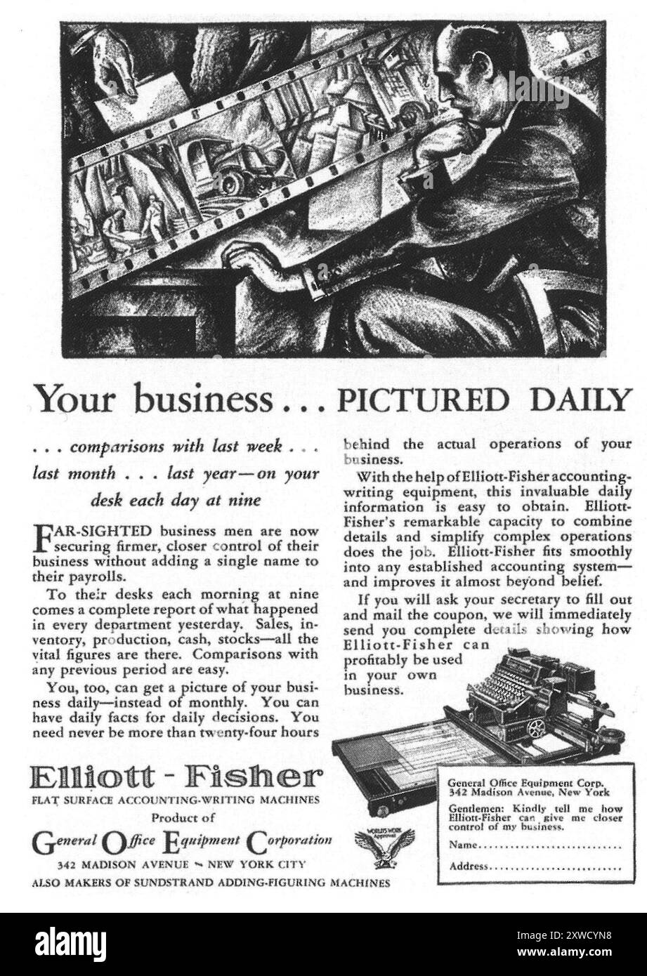 1928 Anzeige für Elliott-Fisher-Additionsmaschinen Stockfoto