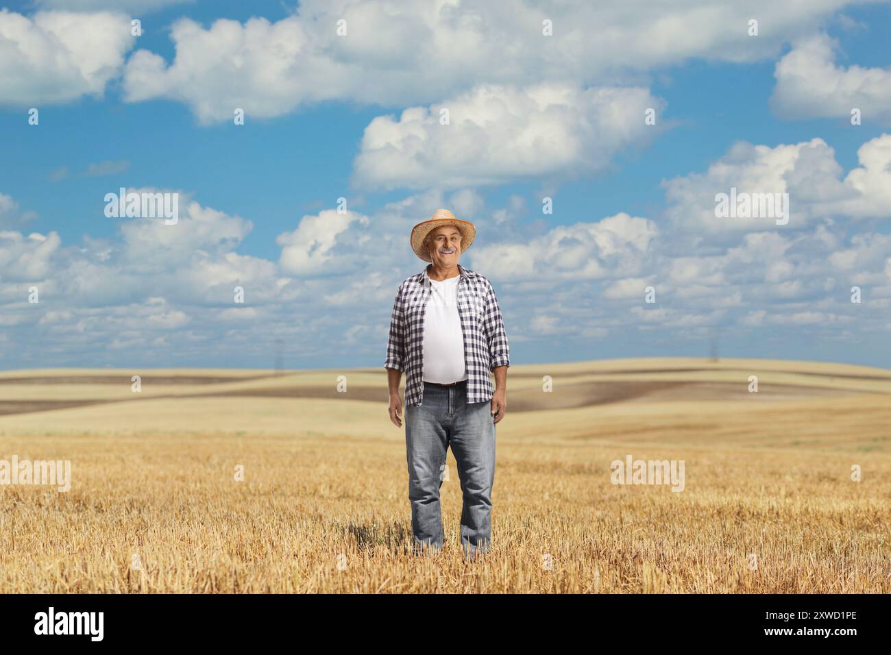 Ein reifer Bauer trägt einen Strohhut und steht auf einem Weizenfeld Stockfoto