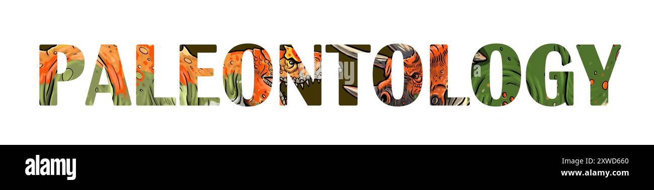 TEXTPALÄONTOLOGIE. Dekorative Schriftart mit Dinosaurier-Silhouetten. Stockfoto