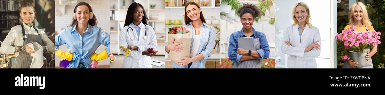 Lächelnde, vielfältige Frauen in verschiedenen Berufen und Unternehmen Stockfoto