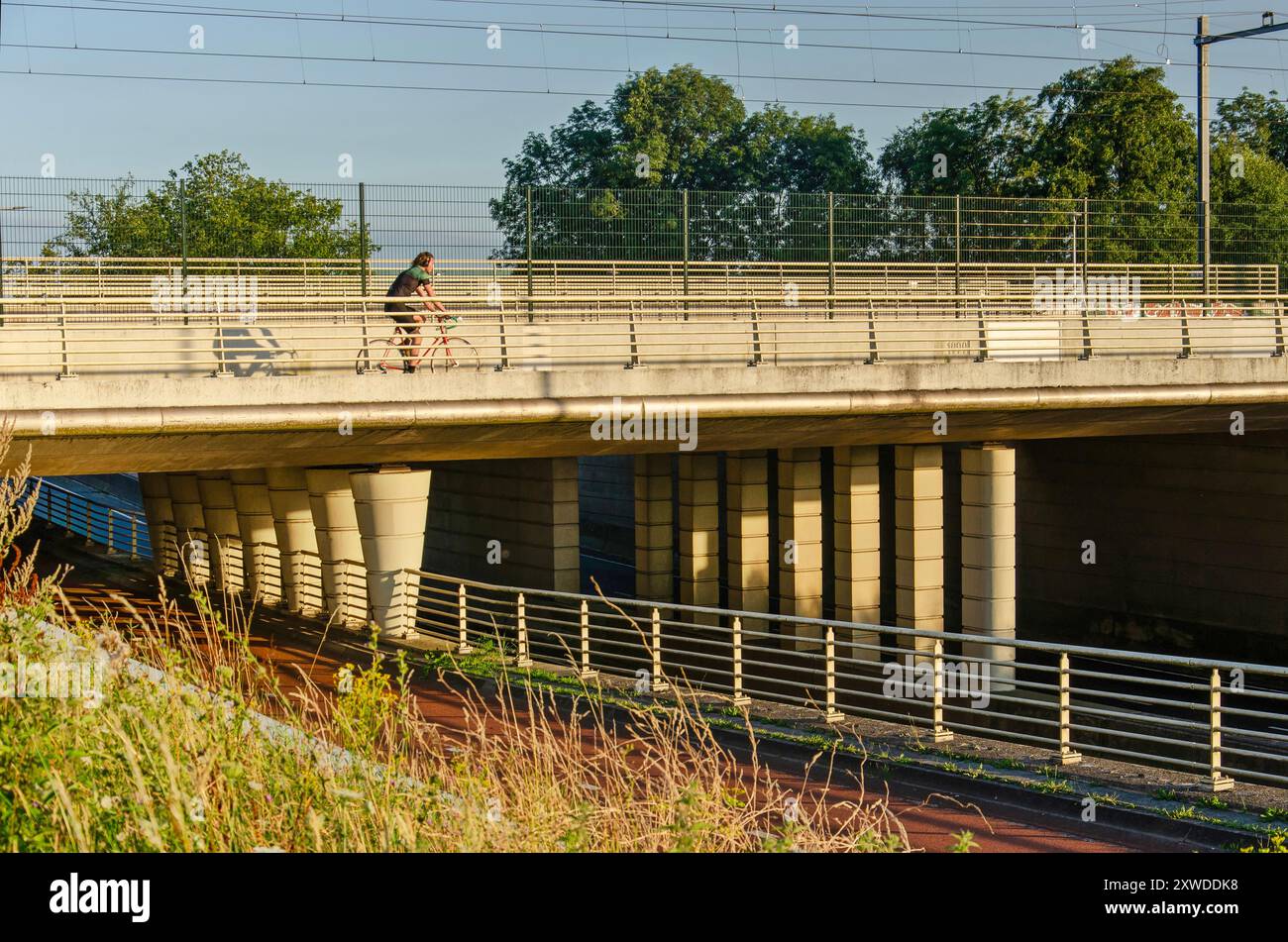 Zwolle, Niederlande, 7. August 2024: Brücke für Fußgänger, Fahrräder und Züge, über eine Straße, in der goldenen Stunde Stockfoto