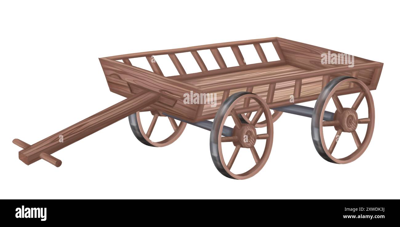 Gartenwagen aus Holz. Transport von Gemüse, Obst und Lebensmitteln. Landwirtschaftliche Arbeiten, Ernten von Feldern und Kulturen. Herbstfeste und Ferien in einem rustikalen Stockfoto