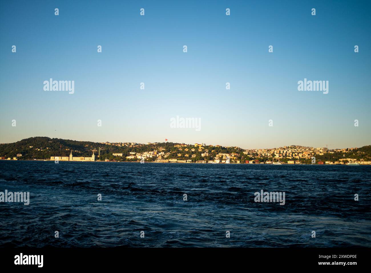 Ein atemberaubender Blick auf den Bosporus von Istanbul, der das ruhige Wasser, die berühmten Brücken und die harmonische Mischung aus Asien und Europa unter einer Clea erfasst Stockfoto