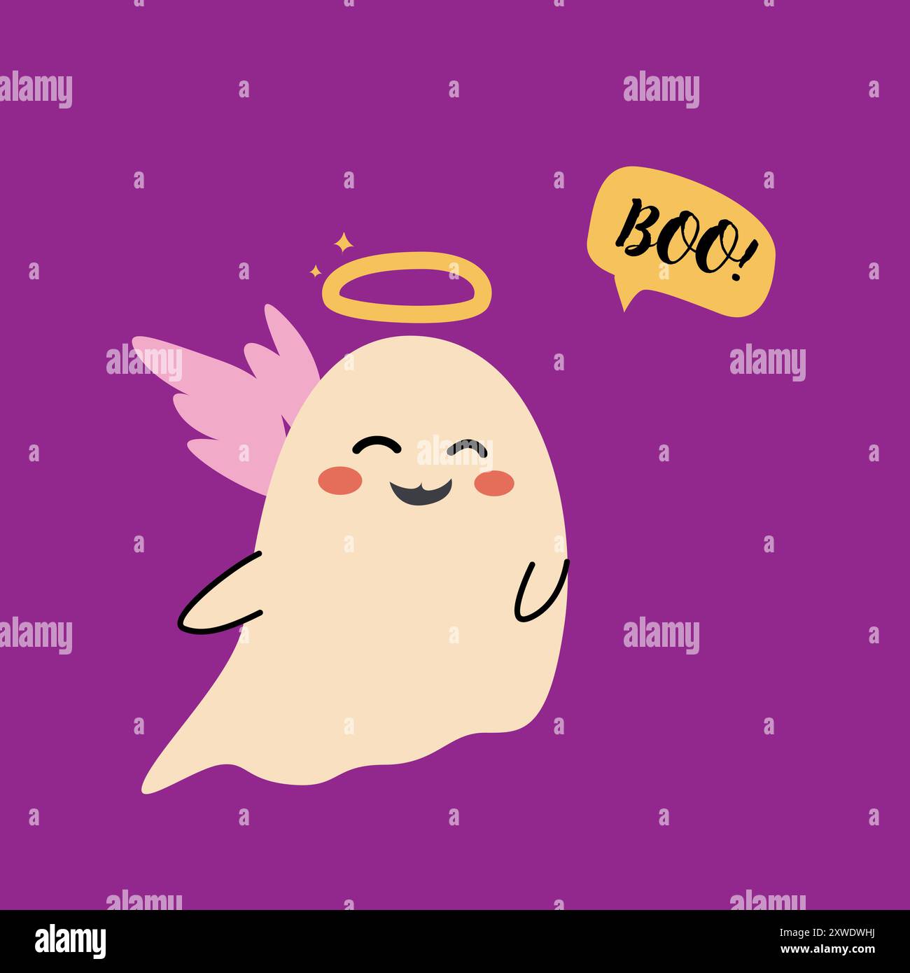 Niedlicher halloween-Geisterengel. Kinderfigur mit lustigem Gesicht und Sprechblase Buh oder gruseliger Nacht. Stock Vektor