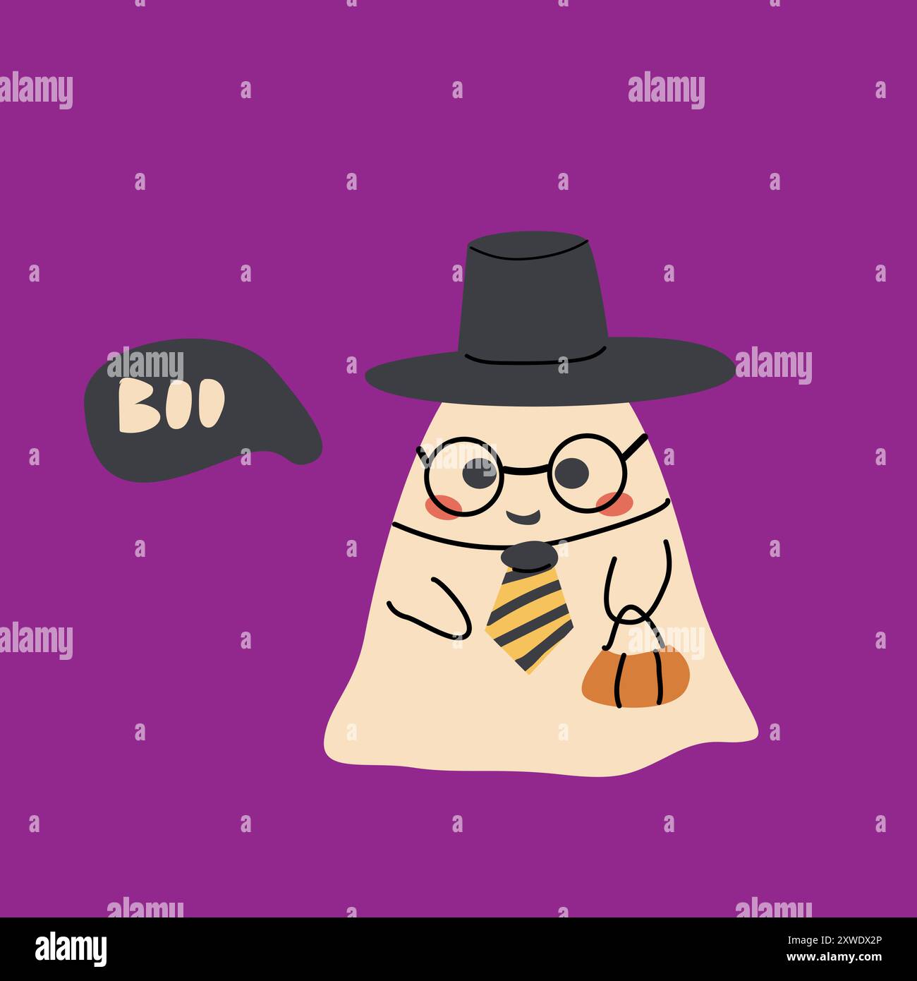 Niedlicher Geisterzauberer der halloween. Kinderfigur mit lustigem Gesicht und Sprechblase Buh oder gruseliger Nacht. Stock Vektor
