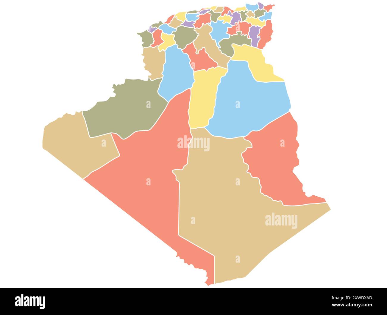 Karte von Algerien nach Region in verschiedenen Farben. Vektorabbildung. Stock Vektor