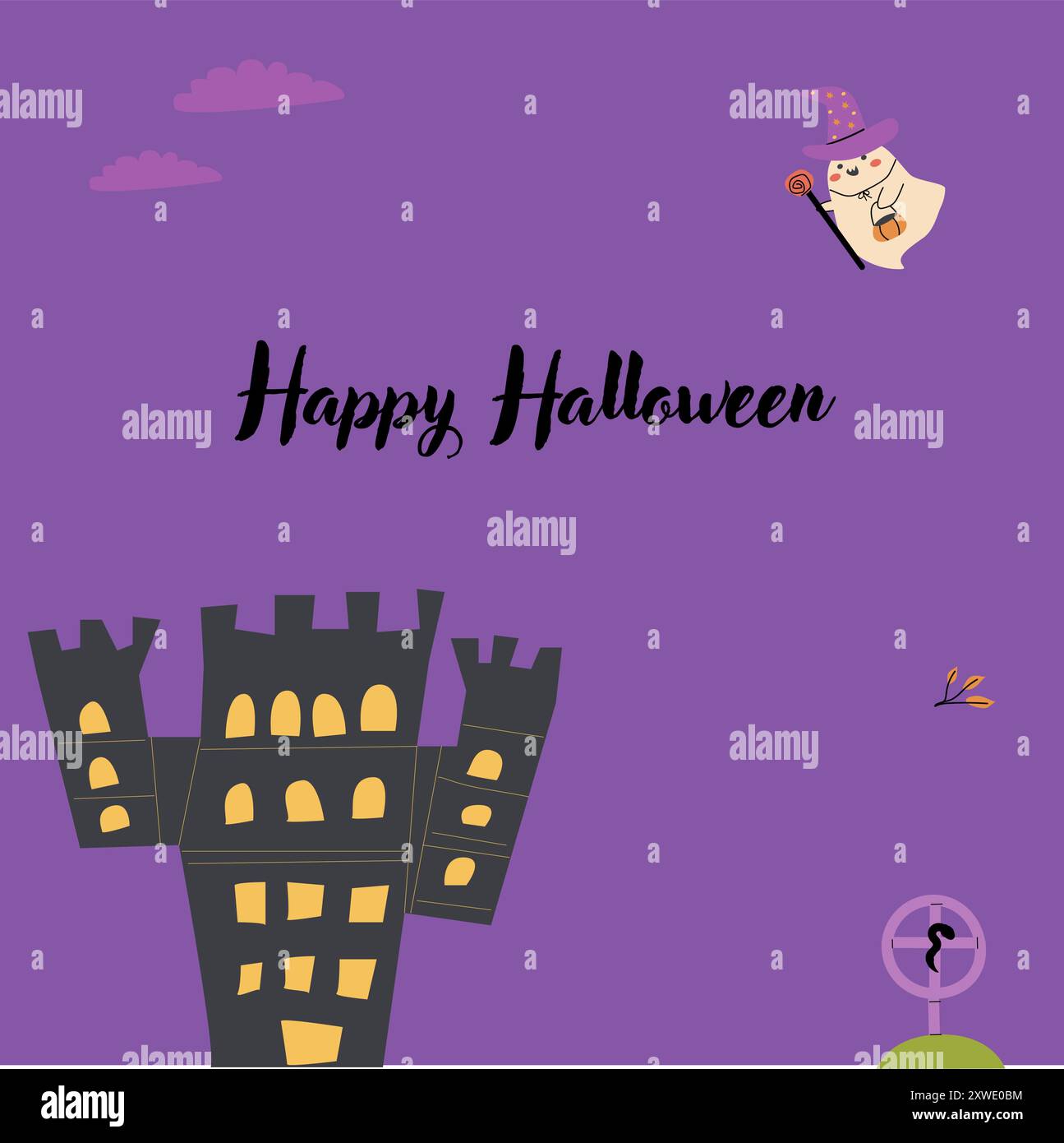 Grußkarte oder Einladung zu Halloween-Feiertagen für Kinder. Quadratische Schablone. Happy Halloween Party Design mit niedlichem Charakter - Geist. Trick oder Tre Stock Vektor