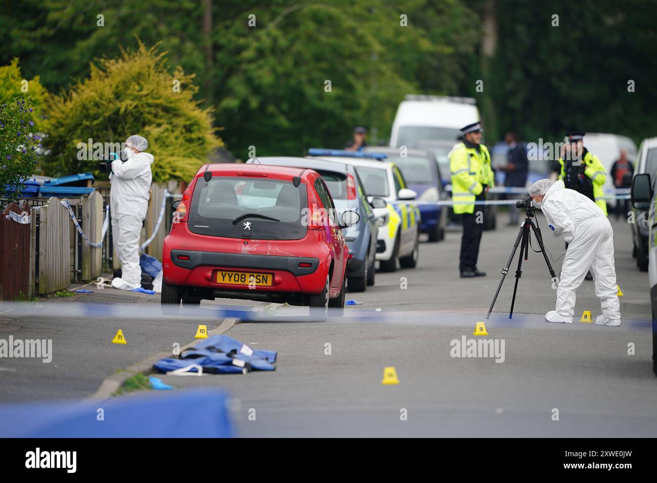 Gerichtsmediziner in der Nähe eines Anwesens in der Barnard Road in Gorton, Manchester, wo am Sonntagabend drei Personen mit schweren Stichverletzungen gerufen wurden. Eine 43-jährige Frau starb am Tatort, und ein 17-jähriges Mädchen und ein 64-jähriger Mann werden im Krankenhaus behandelt. Ein 22-jähriger Mann wurde wegen Mordverdacht verhaftet. Bilddatum: Montag, 19. August 2024. Stockfoto