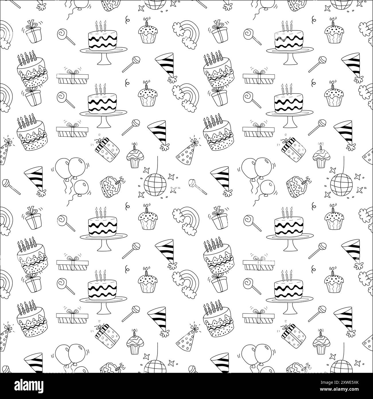 Doodle-Design für Geburtstagsfeiern. Nahtloses Muster mit Geschenken, Kuchen mit Kerzen, Weihnachtsmützen. Zum Einpacken von Papier, Grußkarten, Tapeten. Stock Vektor