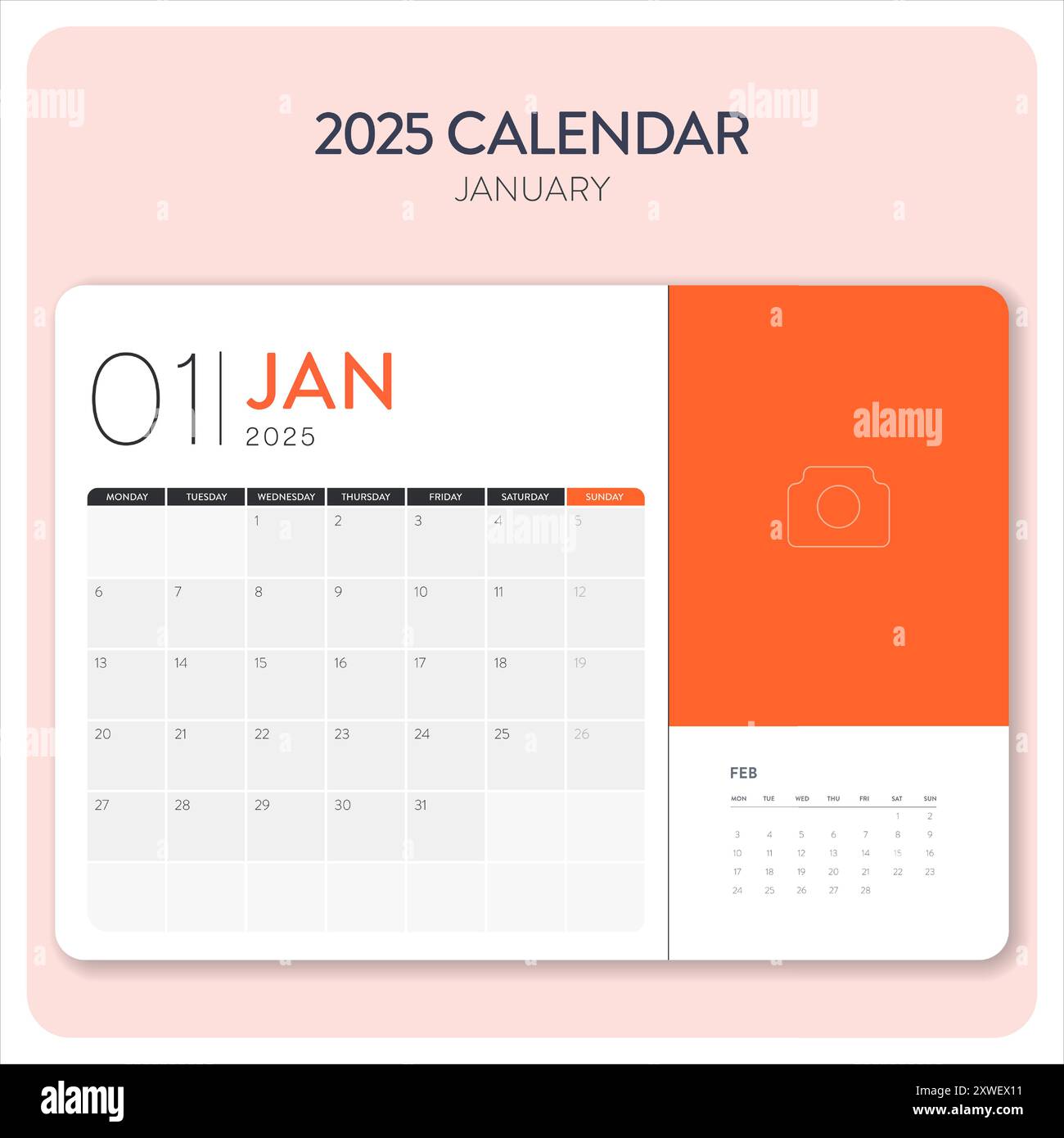 Kalender Januar 2025 Vorlagenvektor. Schreibtisch, Wandkalender zum Drucken, digitaler Kalender oder Planer. Woche beginnt am Montag. Jahreskalender-Layout-Design Stock Vektor