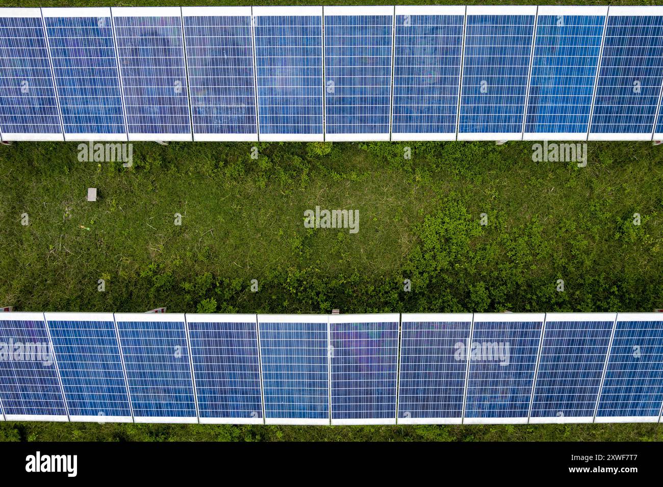 Solarpaneele im Solardorf, errichtet von der Freundschaft im Phechuka Patrakhata Saibling bei Montola. Stockfoto