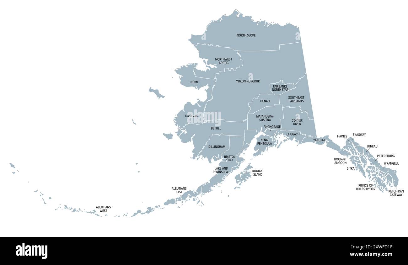 Alaska, US-Bundesstaat, graue politische Karte, unterteilt in 19 organisierte Bezirke und 11 Volkszählungsgebiete. Bundesstaat am nordwestlichen Ende Nordamerikas. Stockfoto