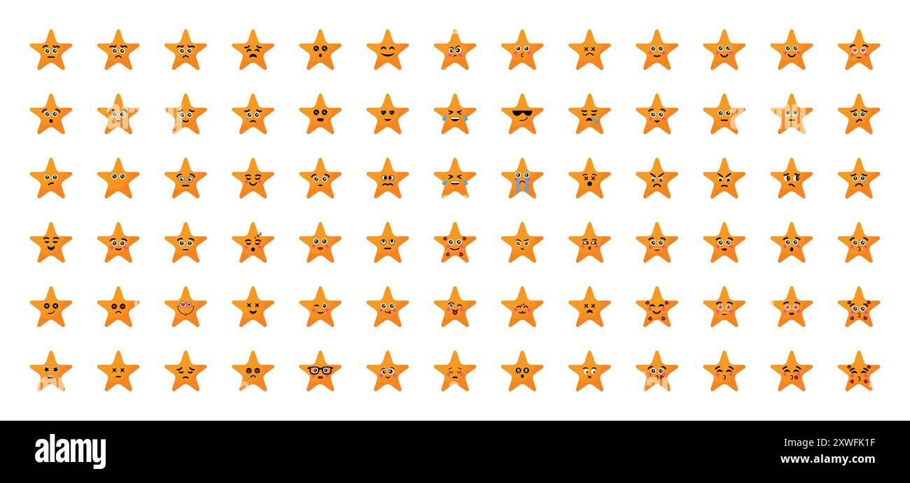 Großer Satz von 78 Stern Emoji mit verschiedenen Emoticons Symbol in gelben Farbe Vektor Illustration Cartoons auf weißem Hintergrund. Stern-Emoji-Set. Emoticons gesetzt. Stock Vektor
