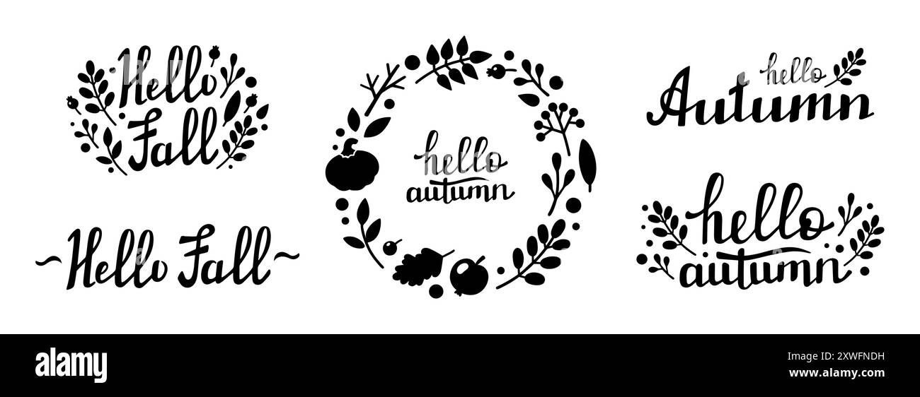 Dekorativer runder Rahmen mit Herbstelementen und Schriftzug HELLO HERBST. Vektorabbildung. Herbst Schriftzug Set Stock Vektor