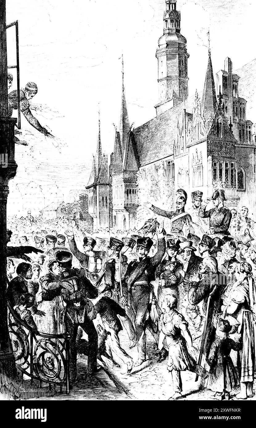 Glückliche Bürger von Brelsau oder Wrocław im Frühjahr 1813, Polen, historische Illustration 1882, Stockfoto