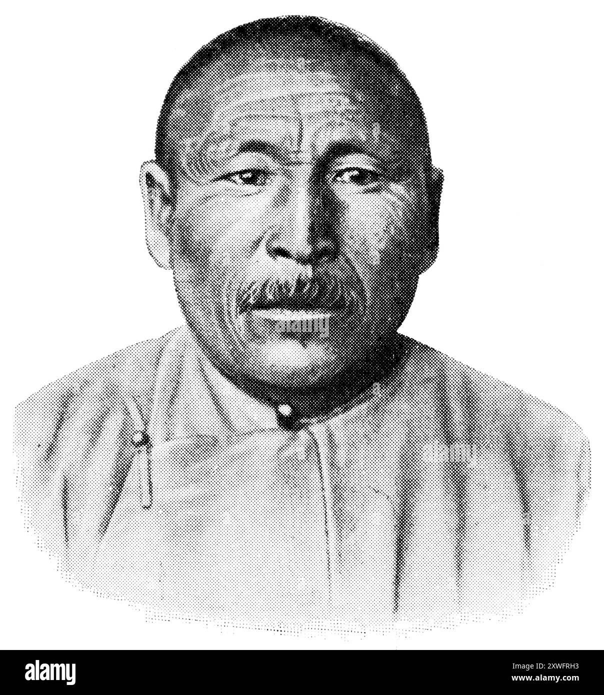 Asiatische Völker. Porträt von Kara Kalmyk. Die Kalmücken sind die einzigen mongolisch sprechenden Menschen in Europa. Veröffentlichung der "Meyers-Enzyklopädie", Band 7, Leipzig, Deutschland, 1910. Stockfoto