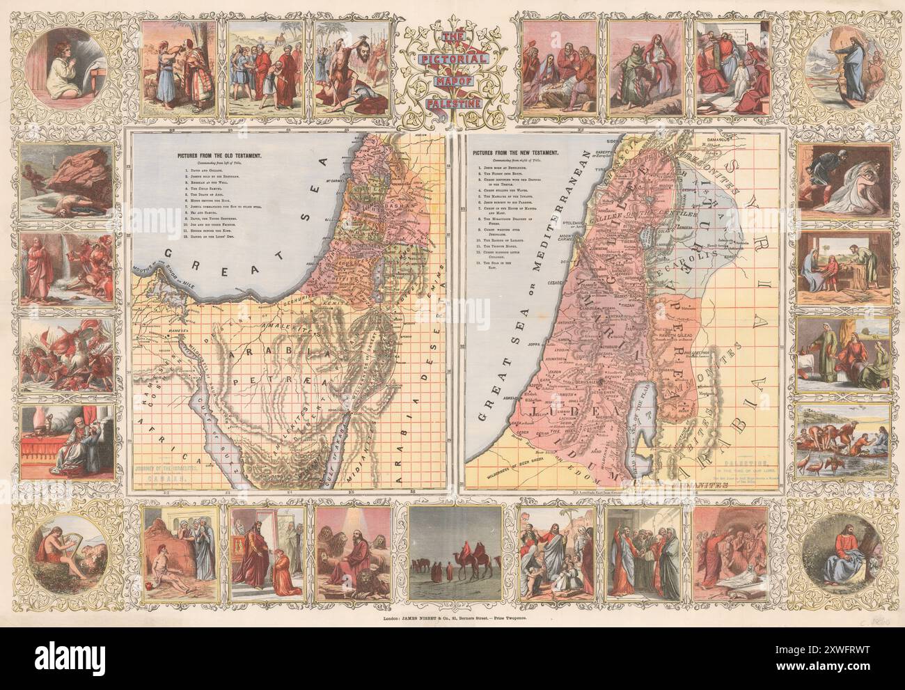 Vintage-Bildkarte, Karte von Palästina CA 1870 von James Nisbet & Company, Stockfoto
