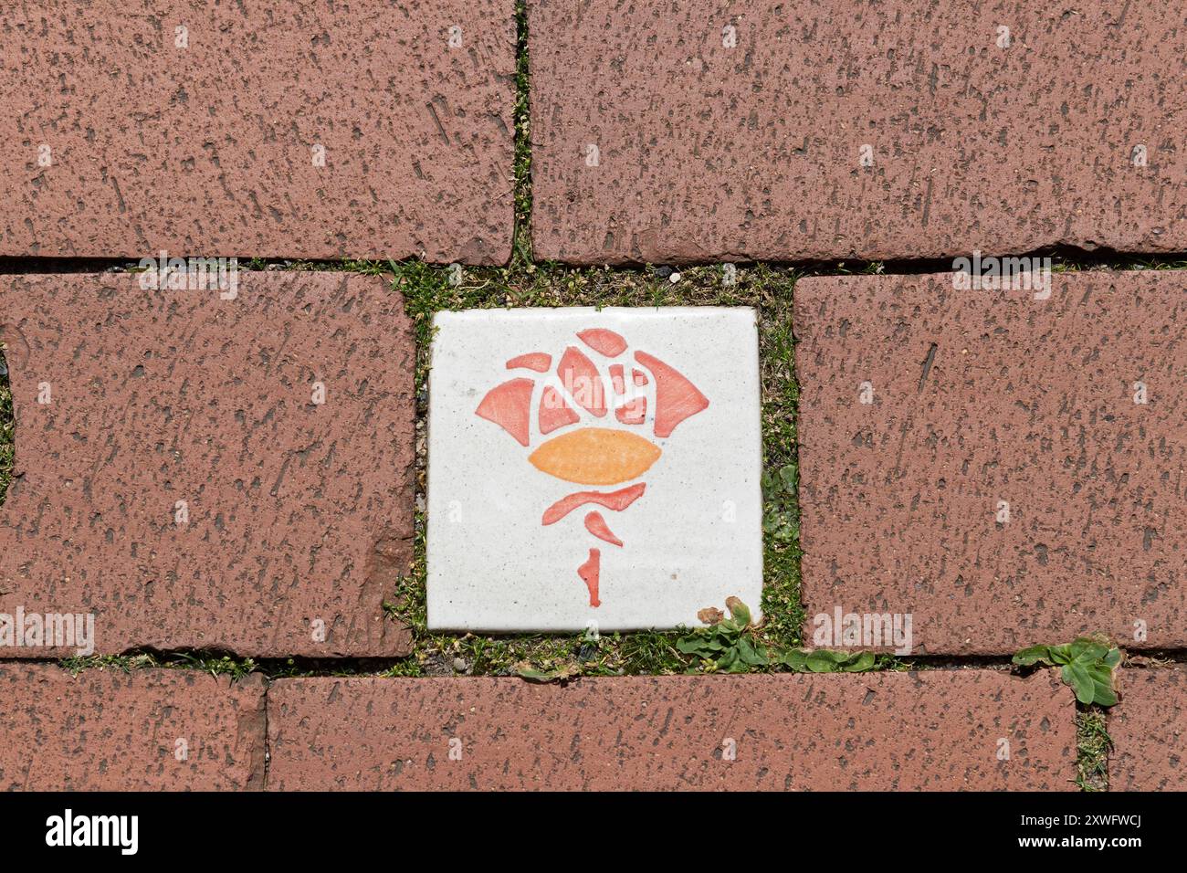 Glasierte Fliesen im Bürgersteig, Rose, Hildesheim, Niedersachsen, Deutschland Stockfoto