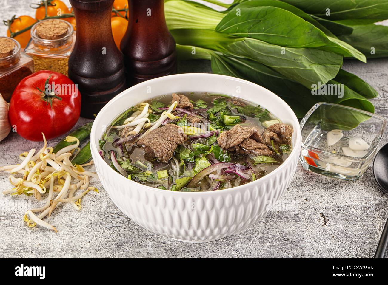 Vietnamesische Küche: Pho-Bo-Suppe mit Rindfleisch und Nudeln Stockfoto