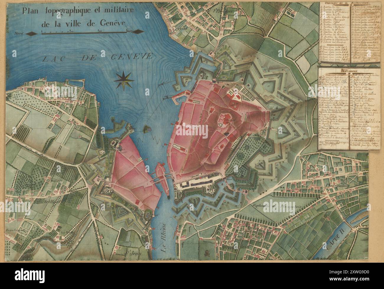 Topographischer und militärischer Plan der Stadt Genf. Manuskriptkarte: Mehrfarbig, Tinte und Aquarell, 1790er Jahre Stockfoto