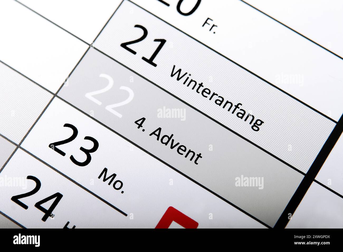 Jahreskalender 2024, Winterbeginn und 4. Adventszeit Stockfoto