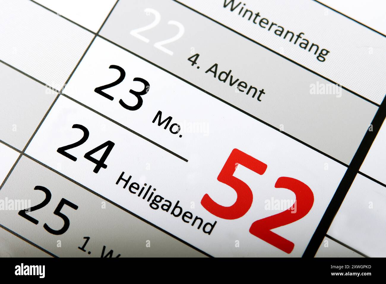 Jahreskalender 2024, Beginn des Winters, 4. Adventszeit und Heiligabend Stockfoto