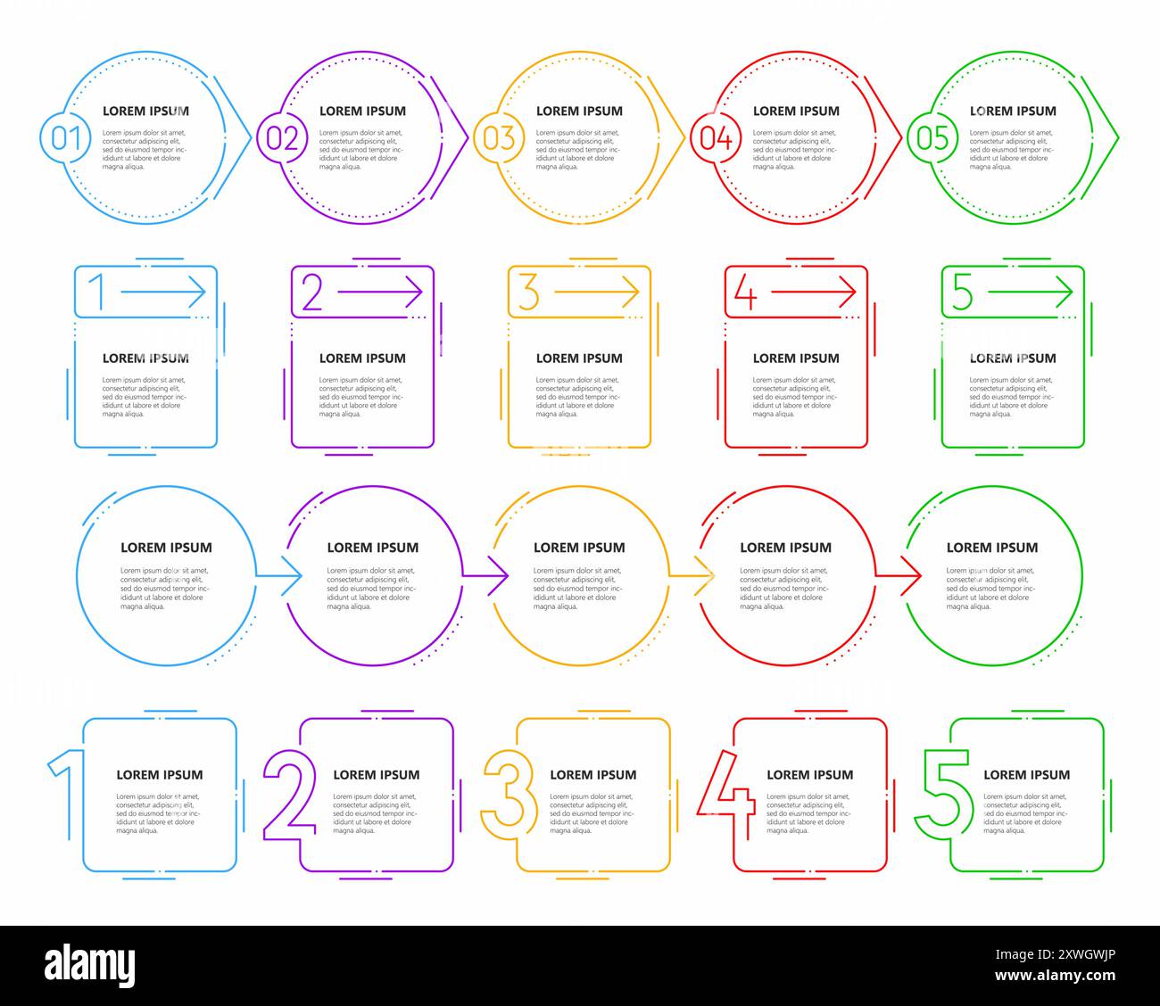 Schritt- und Infografik-Zeitachsdiagramme mit Prozessnummern für Präsentationen, Vektorvorlagen. Schrittdiagramme und Infografik-Zeitachse der Planpläne und Diagrammphasen mit Pfeilen Stock Vektor