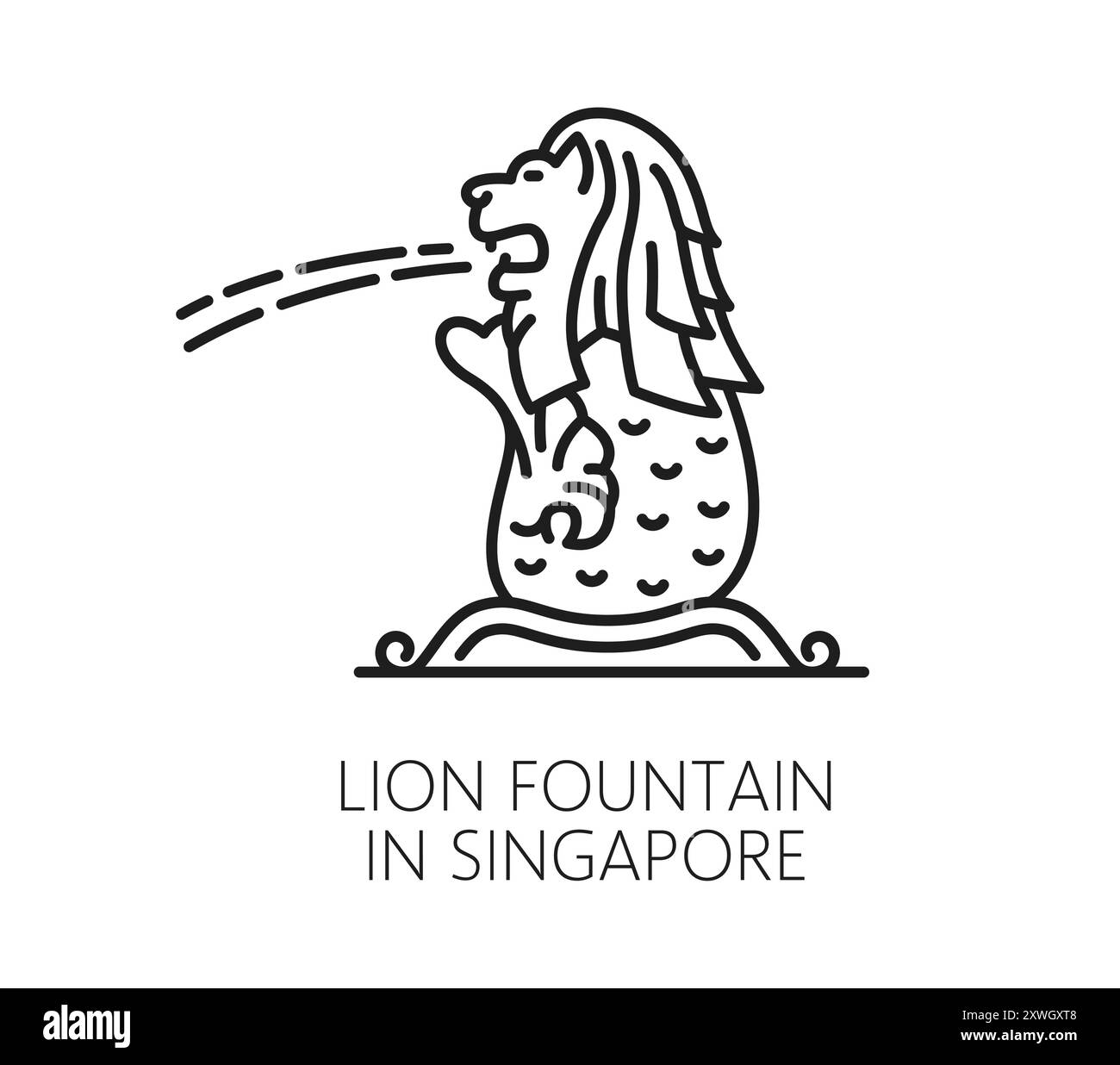 Singapur merlion Löwe Brunnen Vektorlinie Symbol der Asien Reise Wahrzeichen, Urlaub und Tourismus. Der berühmte singapurische Brunnen umrahmt das Symbol des Löwen mit Fischschwanz Statue, merlion Park Reise Wahrzeichen Stock Vektor