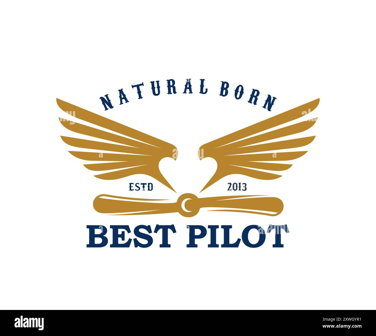 Flugzeug- und Flugzeugsymbol für die Luftfahrt oder bester Pilot mit natürlichem Born-Zitat, Vektor-Emblem. Flugzeugpropeller mit Adlervogelflügeln für T-Shirt-Print für Flugbesatzung, Flugschule oder Pilotenschule Stock Vektor