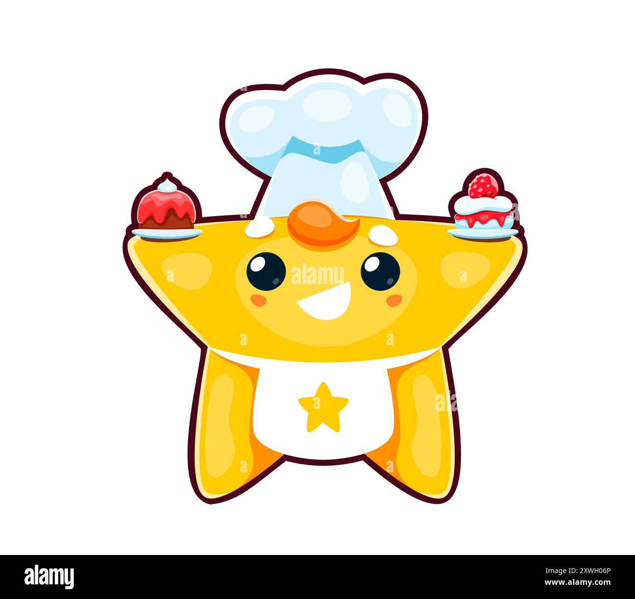 Niedlicher Kawaii Chef Star Charakter mit Gebäck Kuchen, Comic Vektor Emoticon. Lustiger Comic-Kawaii-Star mit glücklichem Lächeln im Gesicht in Kochmütze und Schürze mit Bäckerei-Muffins und Cupcakes für Kinder-Emoji Stock Vektor