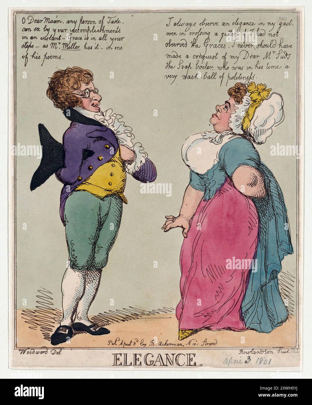 Ein humorvoller, eleganter Farbstich mit Cartoondruck, Aquarellgravur auf Papier menschliche Karikaturen Gesellschaft aus der georgischen Ära des 18. Jahrhunderts, geschaffen von Thomas Rowlandson, antikes satirisches Vintage-Druckkunstwerk Stockfoto