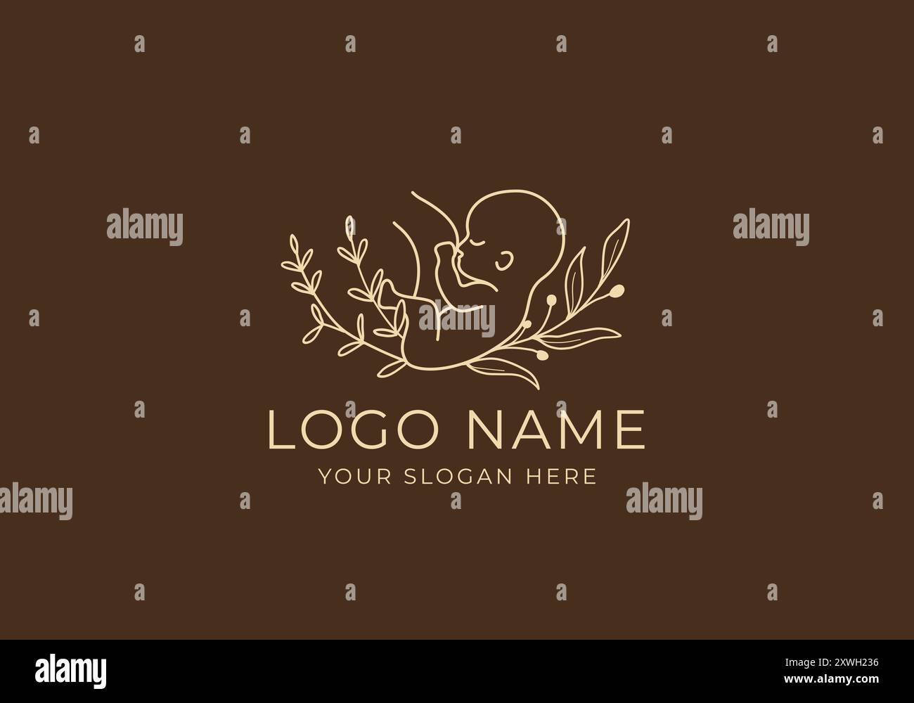 Logo Baby Line Art und Blatt Botanical. Boho-Blumenlogodesign, bearbeitbare Farbe Stock Vektor