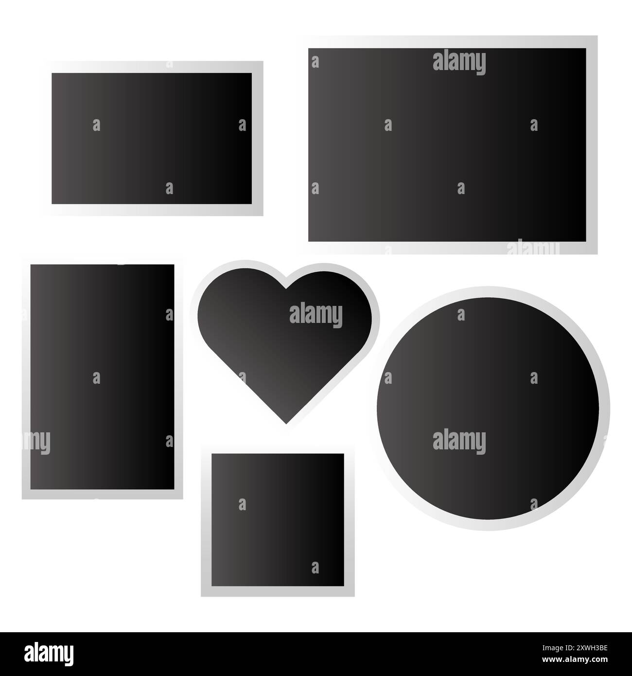 Schwarze Kollektion. Geometrische Formen mit Verlaufsfüllung. Herz, Kreis, Rechtecke Fokus. Einfaches Vektorset. Stock Vektor