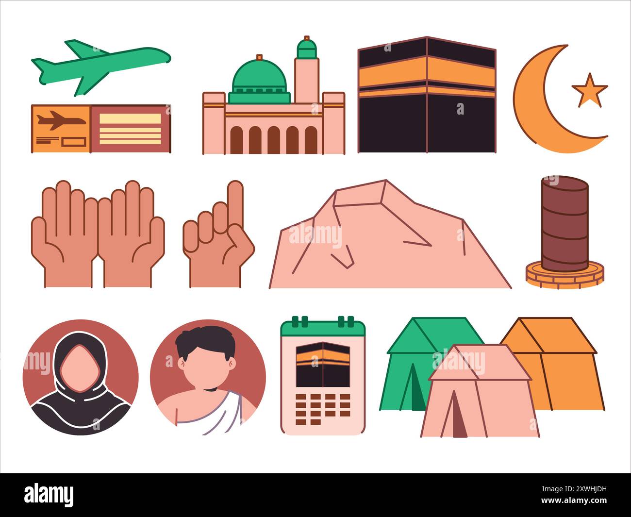 Islam hajj umrah Pilgerfahrt heilige kaaba Religion Reise Ziel moslem Verpflichtung Design Icon Sammlung Vektor Stock Vektor