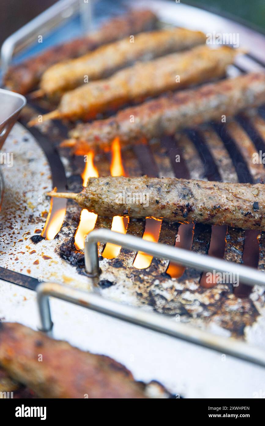 Saftige Kebabs auf einem Grill mit Rauch. Entspannendes und köstliches Barbecue im Hinterhof. Stockfoto