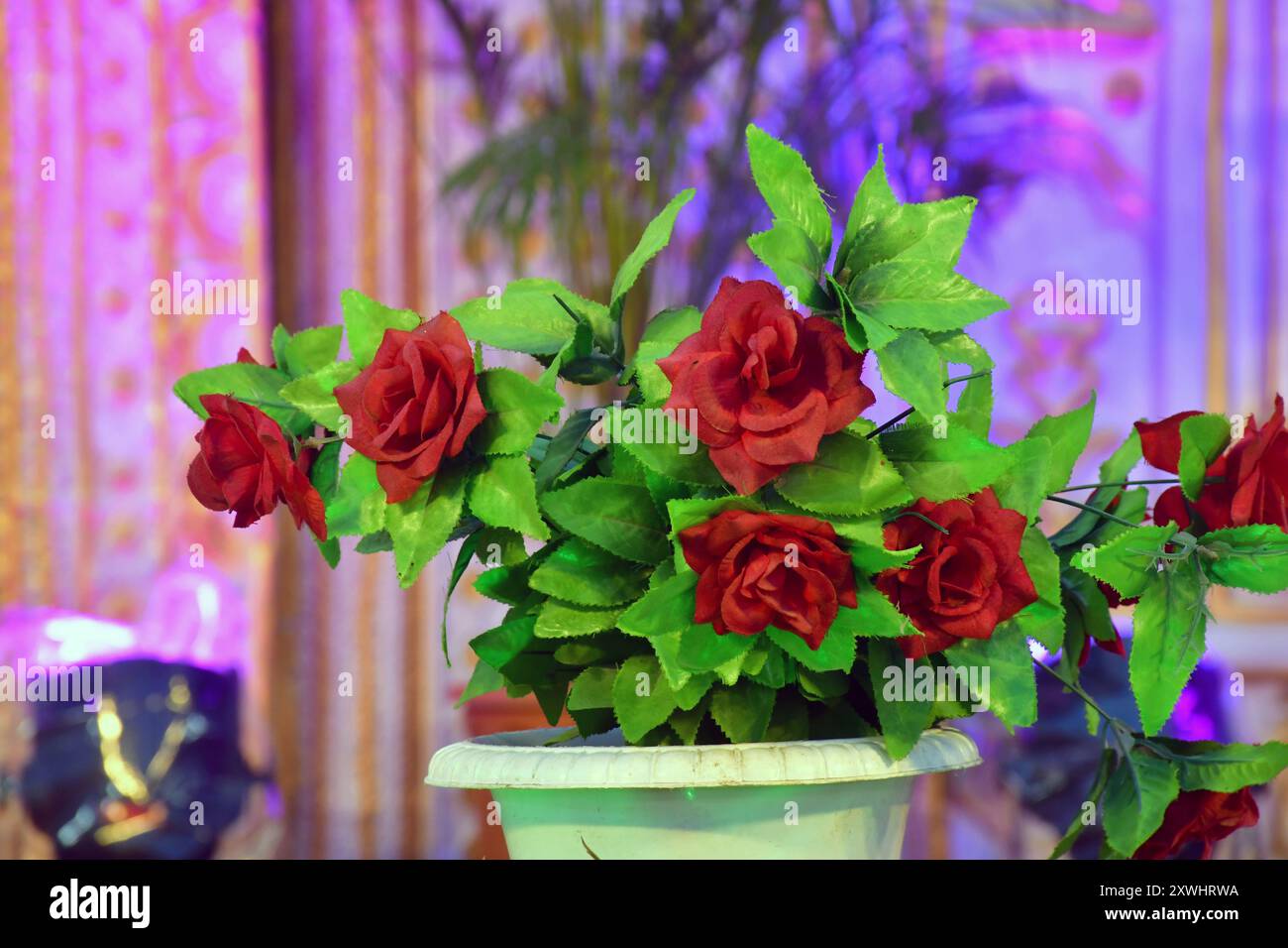 Künstliche Rosen in Töpfen, dekorative rote Rosen auf der Kunststoffvase. Stockfoto