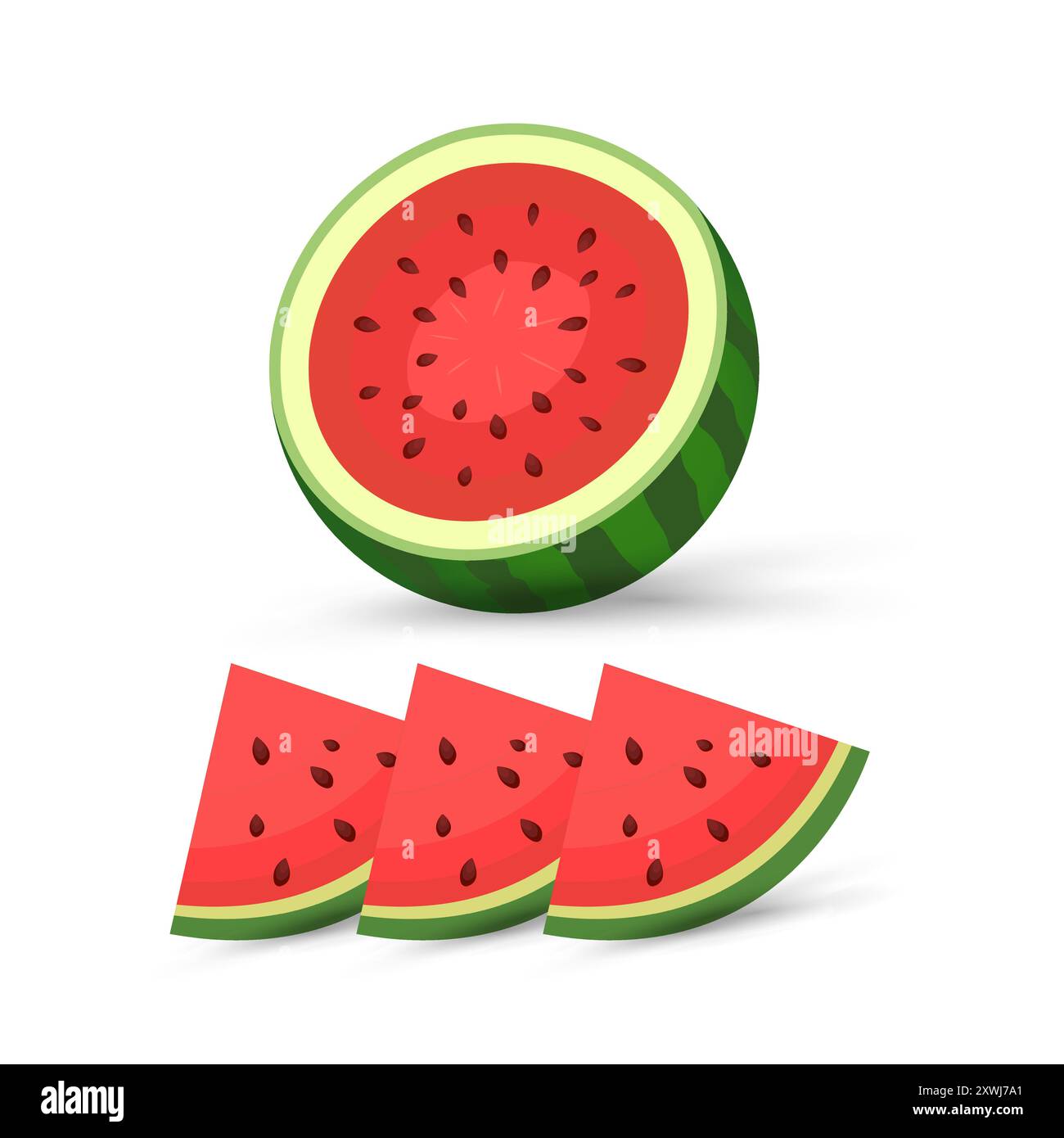 Geöffnete geschnittene Wassermelone, Clipart, Vektor, Cartoon frische grüne Wassermelone Stücke, drei Stücke rote Wassermelone auf isoliertem Hintergrund. Vektor, Illustratio Stock Vektor