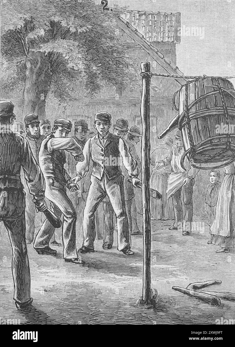 Volksspiele in Holstein im 19. Jahrhundert. Tauben aus dem Fass werfen, Deutschland, historische, digital restaurierte Reproduktion eines Originals aus dem 19. Jahrhundert, Rekorddatum nicht angegeben, Volksspiele in Holstein im 19. Jahrhundert. Jahrhundert. Das tauben aus der tonne werfen, Deutschland, Historisch, digital restaurierte Reproduktion von einer Vorlage aus dem 19. Jahrhundert Stockfoto