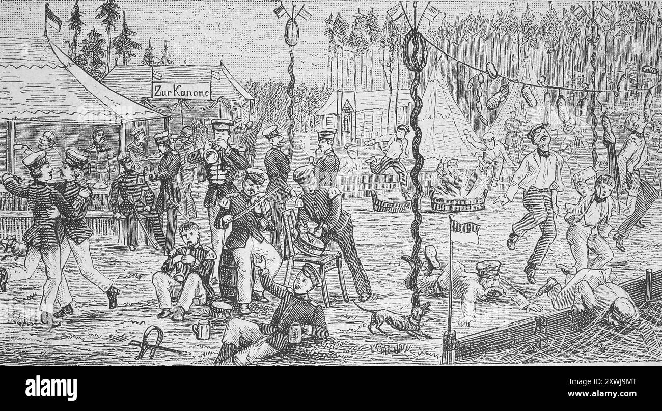 Auf dem Artillerieschießplatz, Lagerunterhaltung in der Freizeit, Manöver um 1898, Deutschland, historische, digital restaurierte Reproduktion von einem Original aus dem 19. Jahrhundert, auf dem Artillerieschießplatz, Lagerbelustigung in der Freizeit, Manöver um 1898, Deutschland, historisch, digital restaurierte Reproduktion von einer Vorlage aus dem 19. Jahrhundert. Jahrhundert Stockfoto