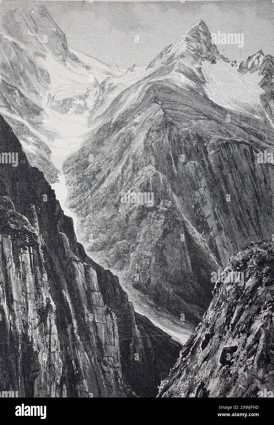 Pass im Himalaya, Pakistan, Eine detaillierte Gravur majestätischer Berge und Felsen in monochromen Farben, die eine ruhige und kraftvolle Atmosphäre schaffen, historische, digital restaurierte Reproduktion aus einem Original aus dem 19. Jahrhundert, Record date not provided, Pass im Himalayagebirge, eine detaillierte Gravur von majestätischen Bergen und Felsen in monochromen Farben, die eine ruhige und mächtige Atmosphäre erzeugt, historisch, digital restaurierte Reproduktion von einer Vorlage aus dem 19. Jahrhundert Stockfoto